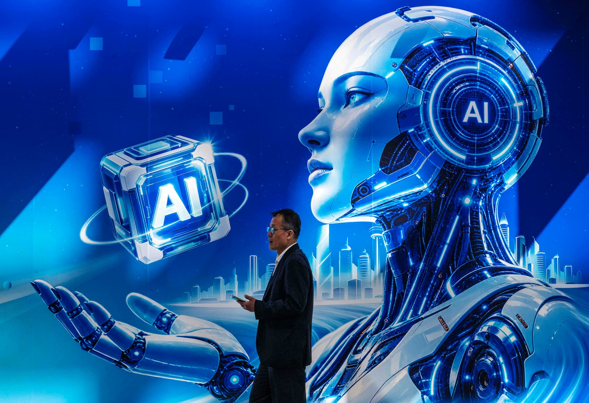 A visitor walks past an AI billboard while attending the PT Expo in Beijing on Sept. 22, 2026. (Kevin Frayer/Getty Images)