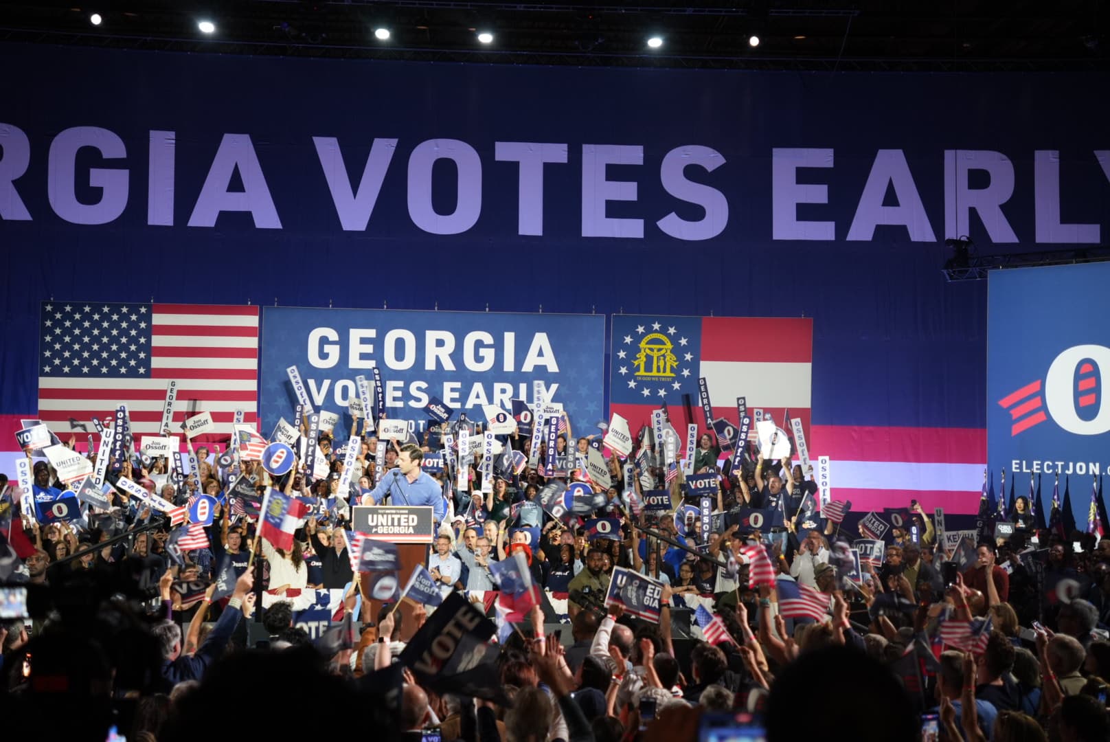 Sen. Jon Ossoff (D-Ga.) speaks to supporters at a midterm rally. He and former Atlanta Mayor Keisha Bottoms, running for the governor seat, aimed to energize voters for the midterms during the event in Atlanta on Oct. 17, 2026.