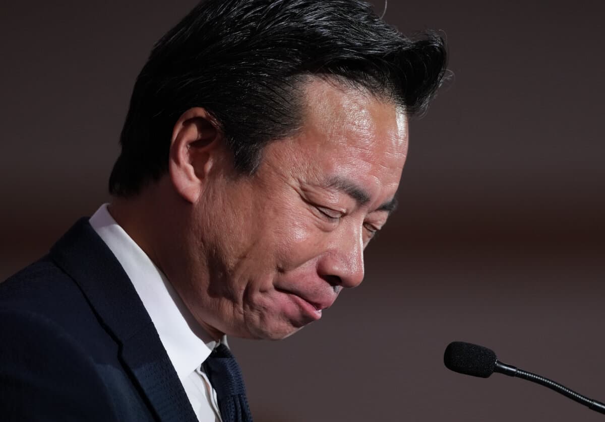 Incumbent Vancouver Mayor Ken Sim tears up while giving a concession speech on election night in Vancouver on Oct. 17, 2026. (The Canadian Press/Darryl Dyck)