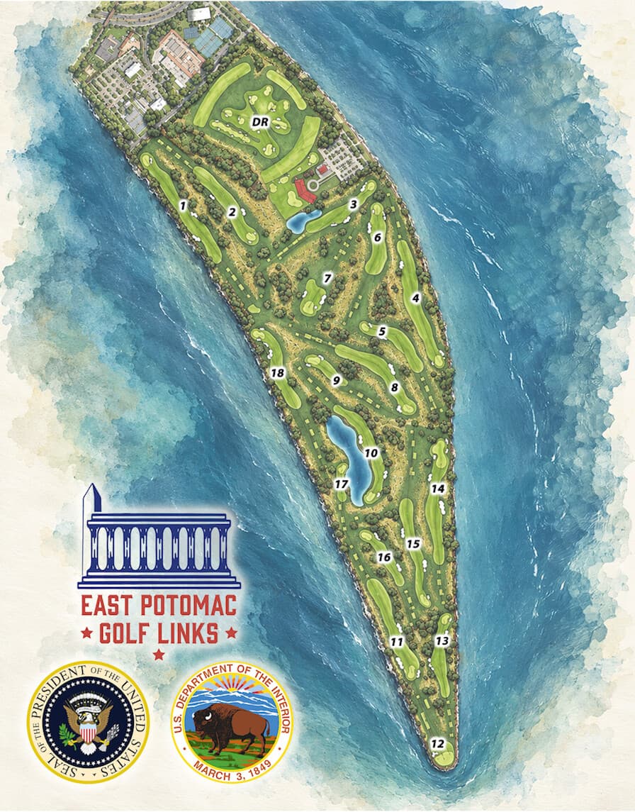 A graphic that President donald Trump posted on Truth Social of the golf course planned for the site of the East Potomac Golf Links in Washington. (Department of the Interior)