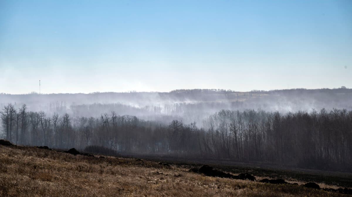 The burn area on CFB Wainwright south of the town Wainwright Alta., on Oct. 18, 2026. (The Canadian Press/John Ulan)