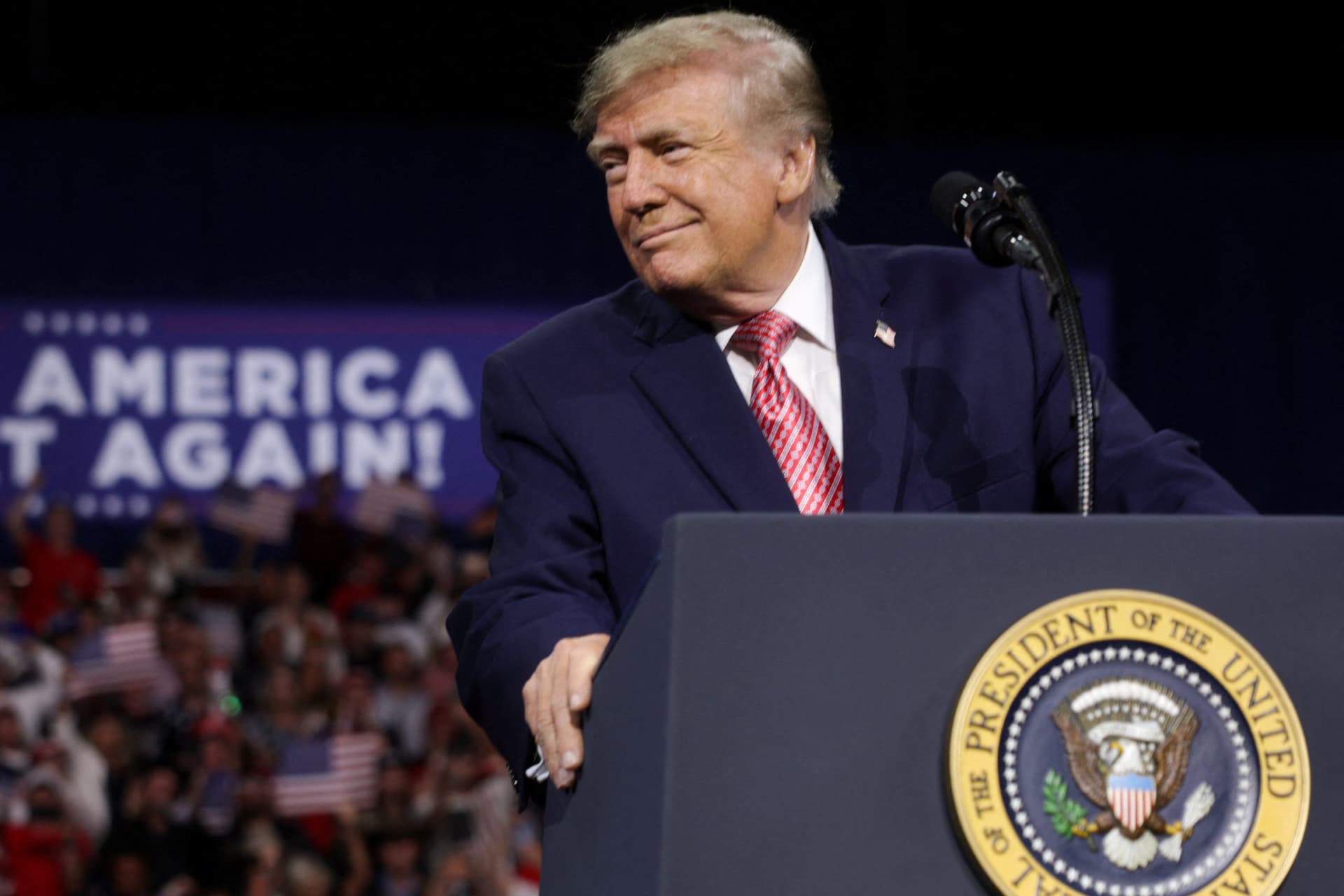 President Donald Trump reacts during a rally in support of Republican U.S. Senate reelection candidate Roger Marshall (R-Kan.) in Park City, Kan., on Oct. 19, 2026. (Jonathan Ernst/Reuters)