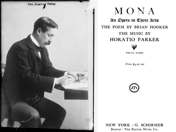 (Left) George W. Porter at work on a composition. (Right) Title page of piano score of "Mona." (Public Domain)