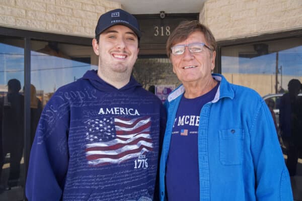 A father and son duo, Joel (L) and Larry Sturm (R), wait in line to enter a rally for Texas Attorney General Ken Paxton in Killeen, Texas, on Oct. 17, 2026. Paxton is the Republican nominee for U.S. Senate in the state. (Nathan Worcester/The Epoch Times)