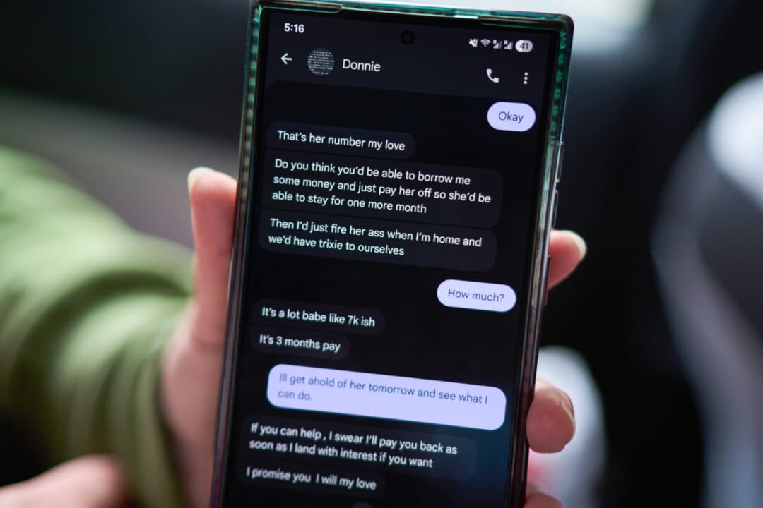 A text message exchange between a victim and her romance scammer displayed on her phone screen as she visits Dublin on Oct. 3, 2025. (David Goldman/AP Photo)