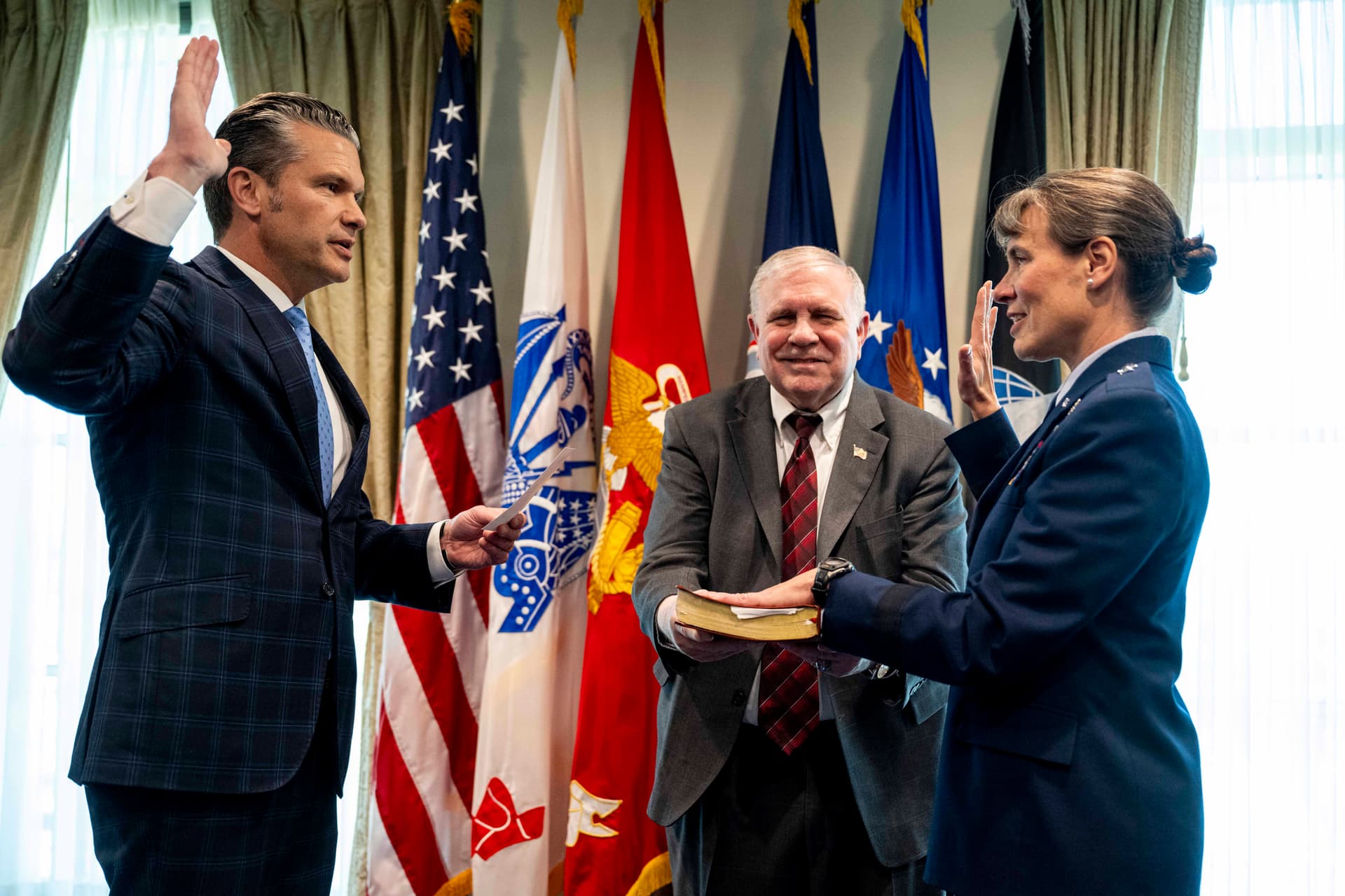 Secretary of War Pete Hegseth hosts a reinstatement ceremony for U.S. Air Force Brig. Gen. Melissa Cunningham, at the Pentagon in Washington, on Oct. 23, 2026. (DoW photo by U.S. Air Force Staff Sgt. Eugene Oliver)