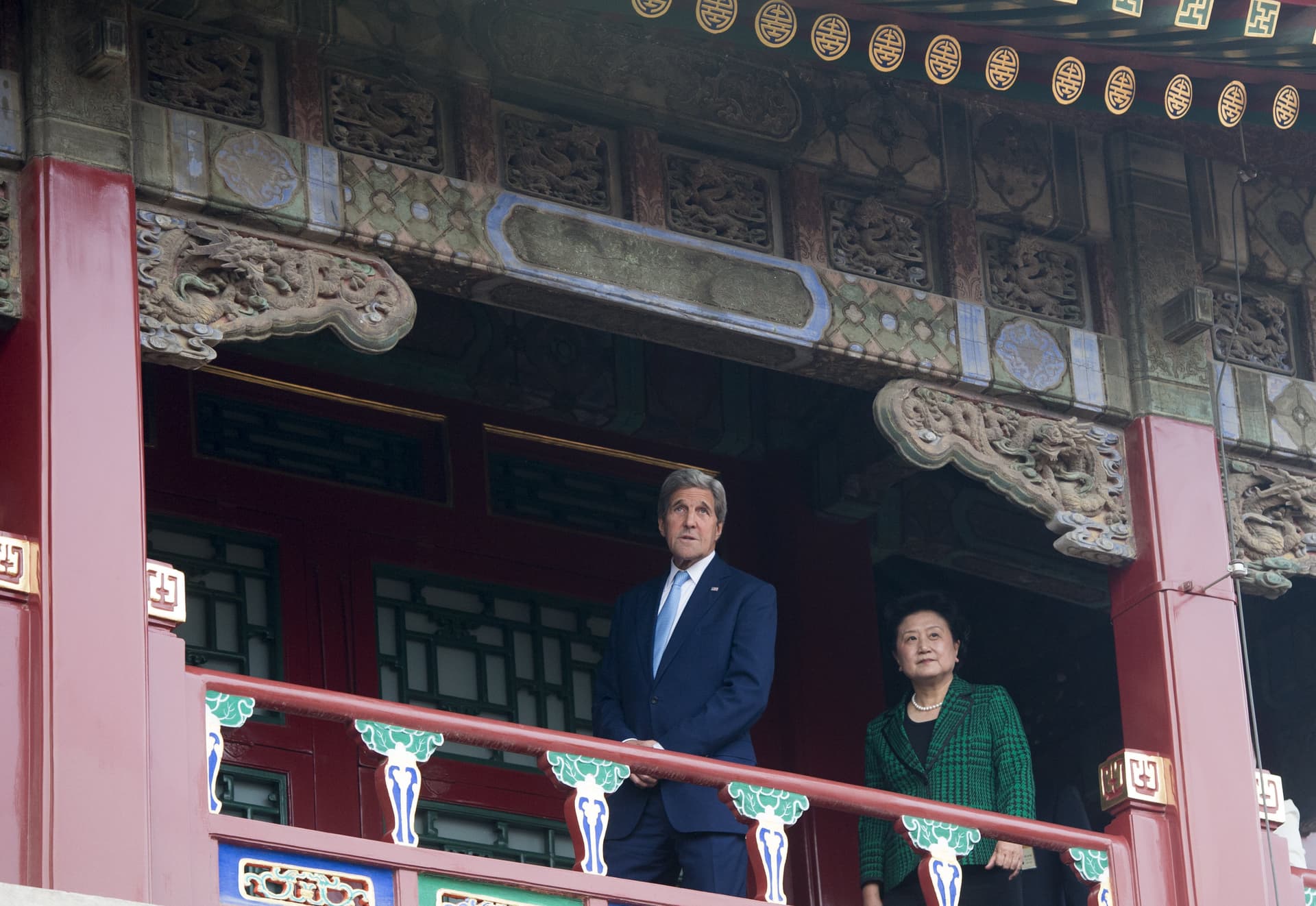 Chinese Vice Premier Liu Yandong (R) leads U.S. Secretary of State John Kerry to tour the Forbidden City's Qianlong Garden in Beijing on June 5, 2016.  (Saul Loeb/AFP via Getty Images)