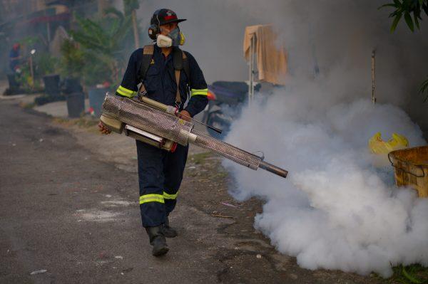 A municipal council worker dispenses insecticide using a fogging machine during a dengue-prevention spraying in Ampang, in the suburbs of Kuala Lumpur on Feb. 11, 2014. (Mohd Rasfan/AFP/Getty Images)