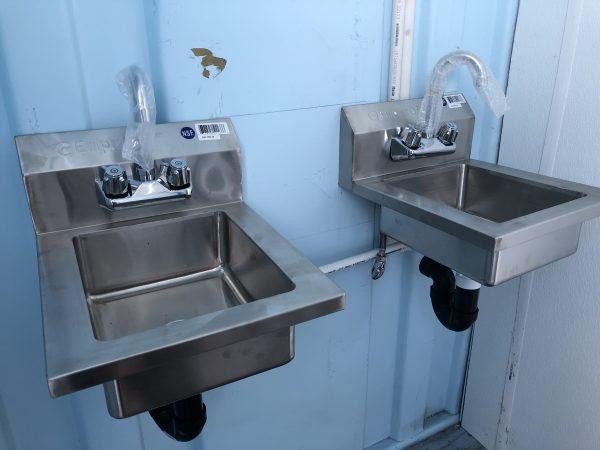 Sinks in the in-progress shipping container in Garden Grove, Calif. on Sept. 16, 2018. (Annie Wang/Epoch Times)