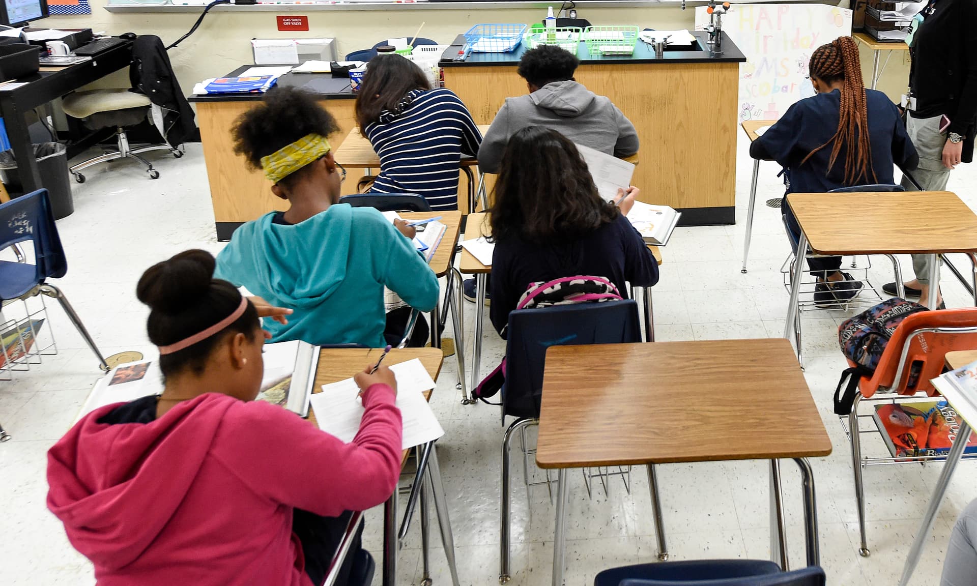High school students work in a classroom in Homestead, Fla., on March 10, 2017. (Rhona Wise/AFP/Getty Images)