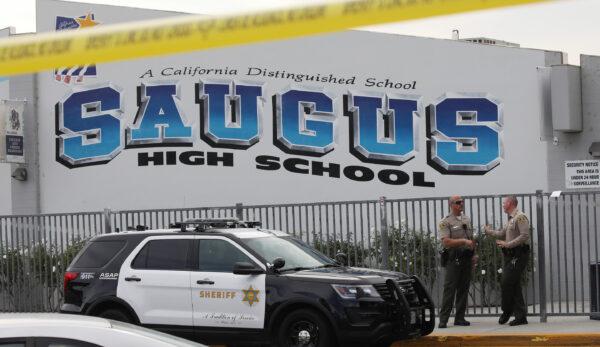 L.A. County Sheriff's Deputies are positioned at Saugus High School after a deadly shooting there in Santa Clarita, Calif., on Nov. 15, 2019. (Mario Tama/Getty Images)