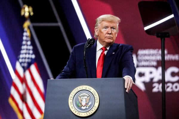 President Donald Trump speaks at the CPAC convention in National Harbor, Md., on Feb. 29, 2020. (Samira Bouaou/The Epoch Times)