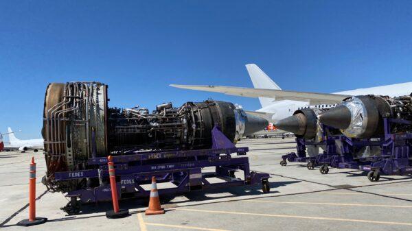 Aircraft engines at the Southern California Logistics Airport (SCLA) in Victorville, Calif., on April 11, 2020. (Fred Fourcher)