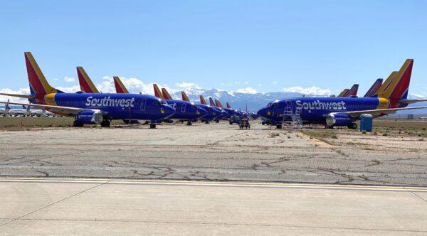 Aircraft parked at the Southern California Logistics Airport (SCLA) in Victorville, Calif., on April 11, 2020. (Fred Fourcher)