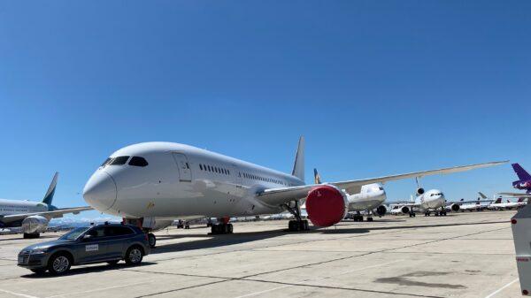 Aircraft parked at the Southern California Logistics Airport (SCLA) in Victorville, Calif., on April 11, 2020. (Fred Fourcher)