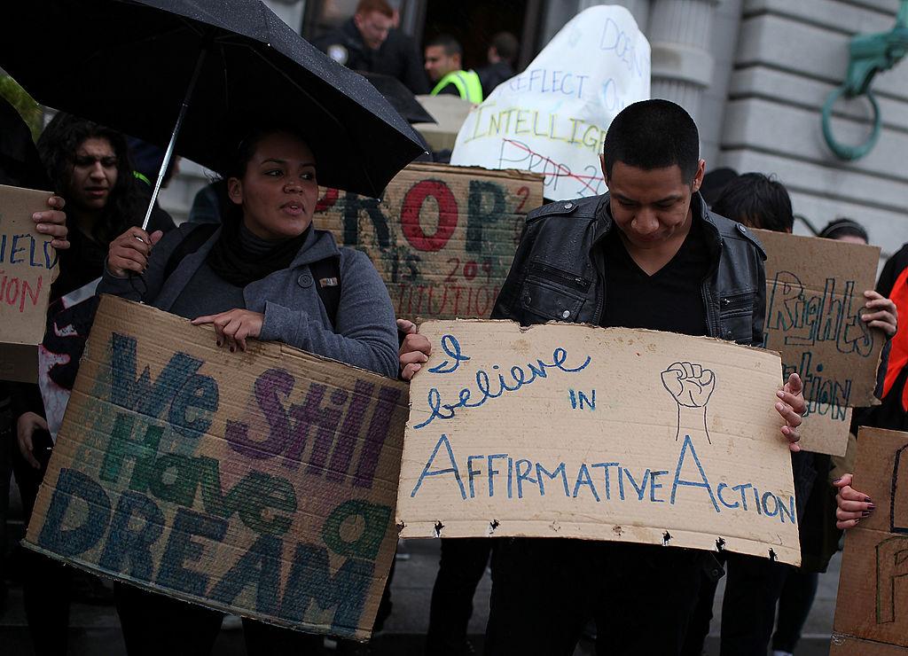 Students hoping for a repeal of California's Proposition 209 hold signs outside of the Ninth U.S. Circuit Court of Appeals in San Francisco, Calif., on Feb. 13, 2012. (Justin Sullivan/Getty Images)
