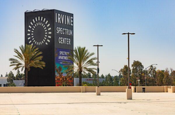 The parking lot of the Irvine Spectrum Center shopping mall stands empty in Irvine, Calif., on June 26, 2020. (John Fredricks/The Epoch Times)