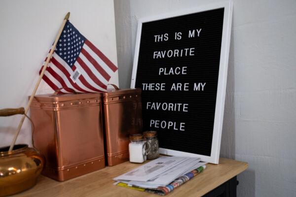 A message board is displayed in the Kopper Kettle restaurant in Yucaipa, Calif., on July 10, 2020. (John Fredricks/The Epoch Times)