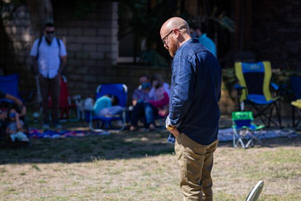 Pastor Matt Jones gives a sermon in Los Angeles, Calif., on July 19, 2020. (John Fredricks/The Epoch Times)