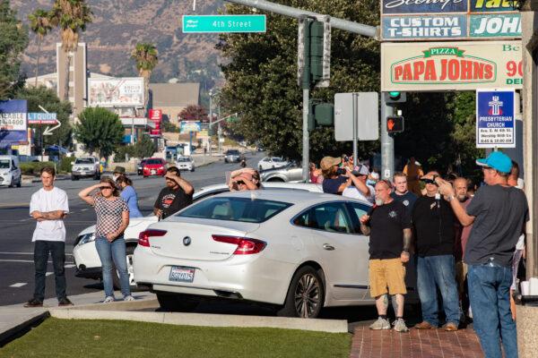 People look on a Black Lives Matter protest in Yucaipa, Calif., on Aug. 1, 2020. (John Fredricks/The Epoch Times)