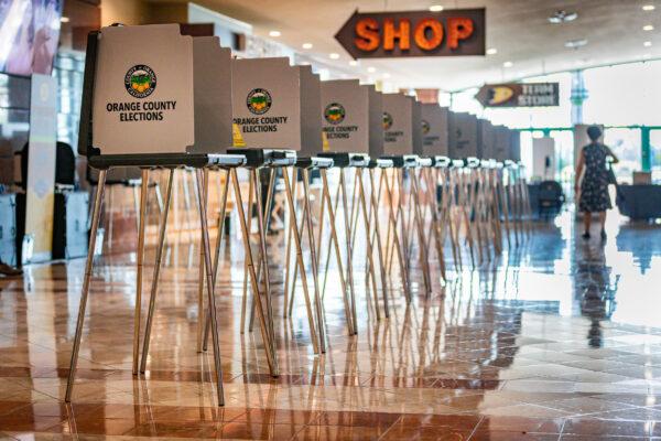 The inside of the Honda Center, which has been turned into a polling place for the upcoming election, is seen in Anaheim, Calif., on Sept. 16, 2020. (John Fredricks/The Epoch Times)