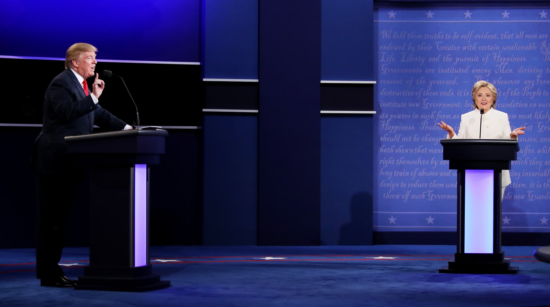 Then Democratic presidential nominee former Secretary of State Hillary Clinton (R) debates with then-Republican presidential nominee Donald Trump during the third U.S. presidential debate at the Thomas Mack Center in Las Vegas, Nev., on Oct. 19, 2016. (Drew Angerer/Getty Images)