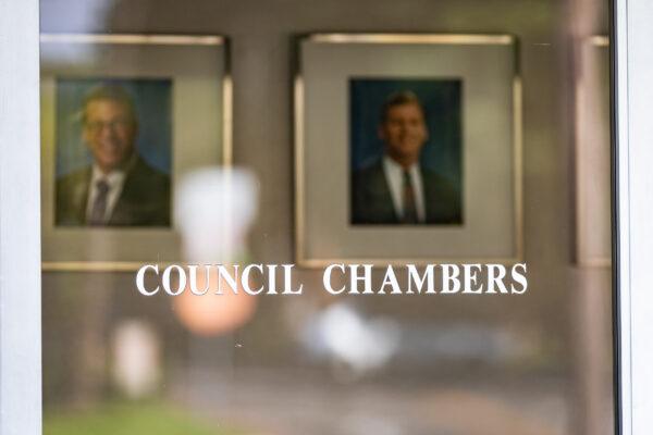 The entry to the council chambers at the City of Orange's Civic Center in Orange, Calif., on Oct. 6, 2020. (John Fredricks/The Epoch Times)