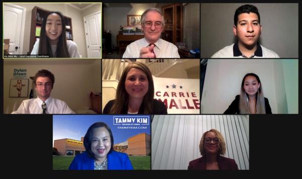 The Associated Students of the University of California–Irvine (ASUCI) hosts a city council candidates debate in Irvine, Calif., on Oct. 14, 2020. From top left to bottom right: an ASUCI moderator, candidate Larry Agran, an ASUCI moderator, candidate Dylan Green, candidate Carrie O’Malley, an ASUCI moderator, candidate Tammy Kim, and candidate Laura Bratton. (Screenshot/Zoom)