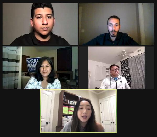 Candidates for the mayoral race in Irvine, Calif., Councilwoman Farrah Khan (middle left) and Luis Huang (middle right), along with three student moderators, attend a forum held by the Associated Students of the University of California–Irvine (ASUCI) on Oct. 16, 2020. (Screenshot/Zoom)