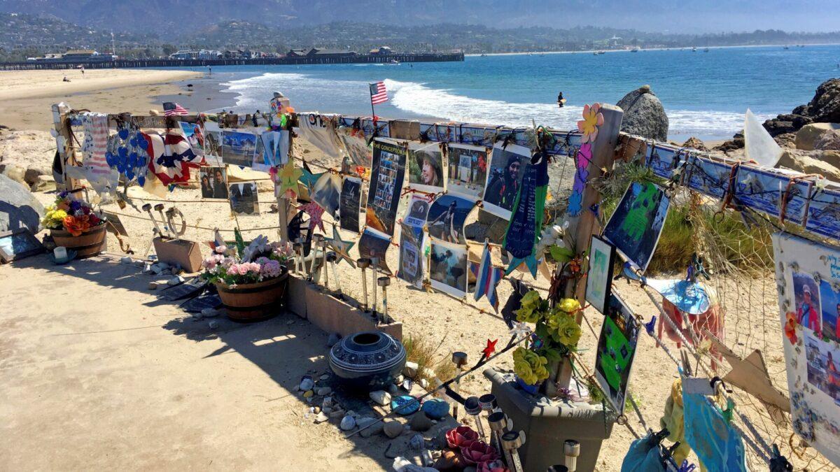 A standing memorial to the people who died aboard the Conception dive boat on Sept. 2, 2019, along the coast near the Santa Barbara, Calif., harbor on Sept. 2, 2019. (John Antczak/AP Photo)