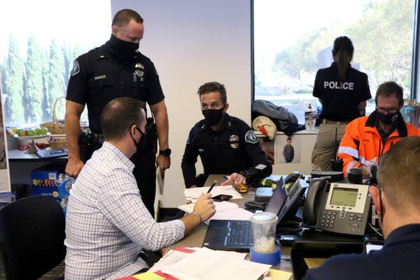 Officials discuss the Silverado Fire in Irvine, Calif., on Oct. 26, 2020. (Tim Knight/City of Irvine)