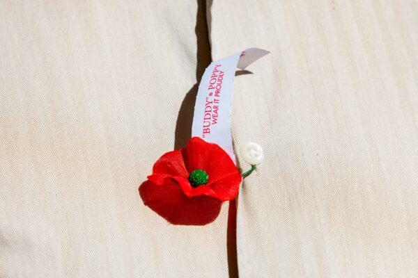 A poppy is affixed to the shirt of William C. Manes, post quartermaster for the Veterans of Foreign Wars chapter in Dana Point, Calif., on Nov. 9, 2020. (John Fredricks/The Epoch Times)