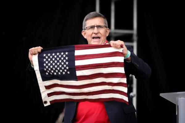 Former national security adviser Lt. Gen. Michael Flynn (Ret.) speaks at the “Let the Church ROAR” National Prayer Rally on the National Mall in Washington on Dec. 12, 2020. (Samira Bouaou/The Epoch Times)