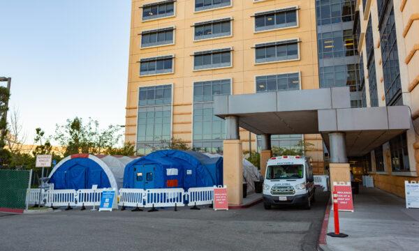 Emergency tents are set up outside the University of California–Irvine Medical Center in Orange, Calif., on Dec. 16, 2020. (John Fredricks/The Epoch Times)