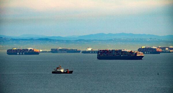 Anchored ships wait to have their cargo unloaded at the Port of Los Angeles on Jan. 12, 2021. (John Fredricks/The Epoch Times)