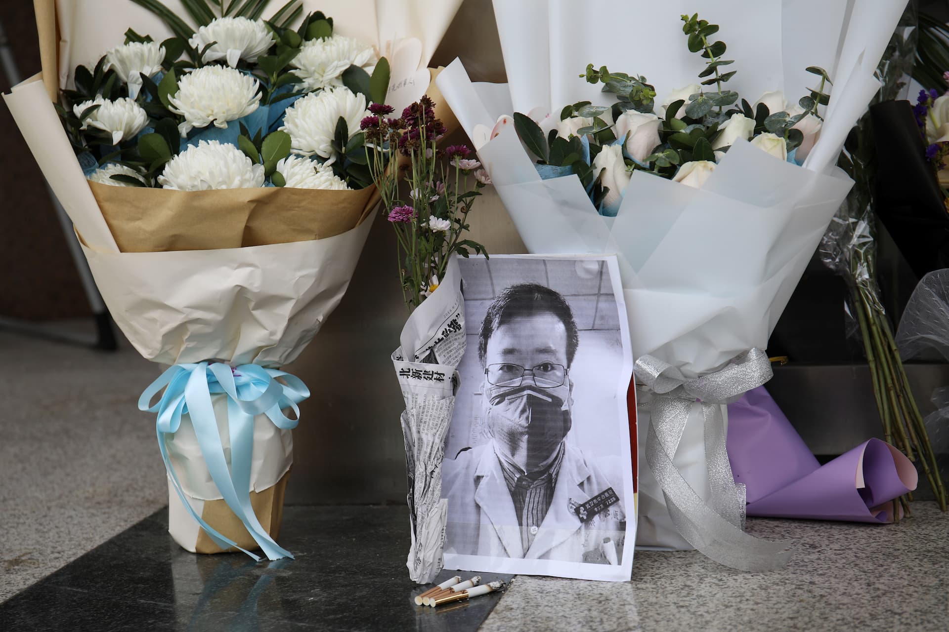 A makeshift memorial for doctor Li Wenliang at an entrance to the Central Hospital of Wuhan in Hubei Province, China, on Feb. 7, 2020. (Stringer/Reuters)