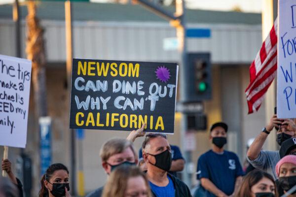 Protesters against lockdowns march down Second Street in Long Beach, Calif., on Dec. 2, 2020. (John Fredricks/The Epoch Times)