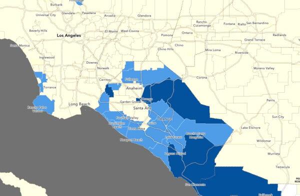 Safe Schools Reopening map updated regularly by the State of California, as seen on Feb. 15, 2021. (Screenshot/<a href="https://maps.schools.covid19.ca.gov/public.html">Maps.Schools.COVID19.ca.gov</a>)