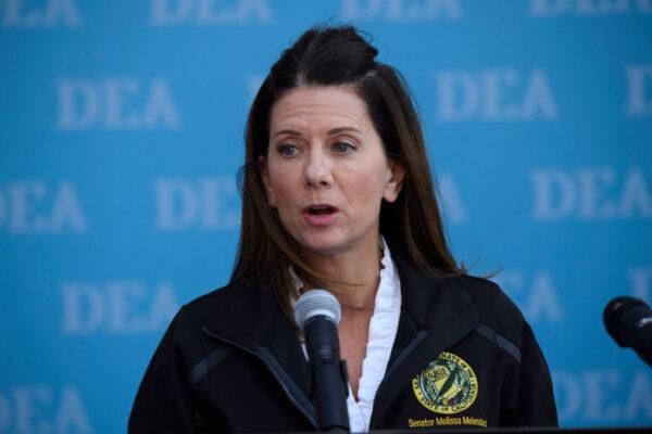 California State Sen. Melissa Melendez speaks during a news conference outside the Roybal Federal Building in Los Angeles on Feb. 24, 2021. (Patrick T. Fallon/AFP via Getty Images)