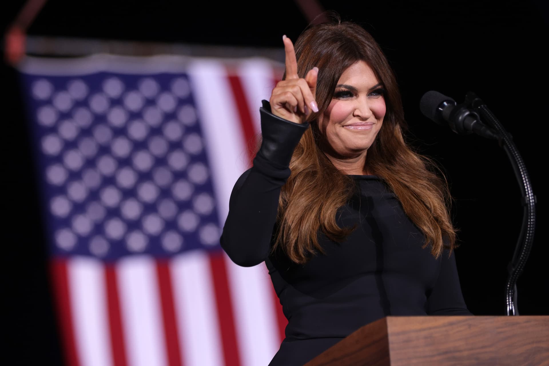 Kimberly Guilfoyle speaks during a Republican National Committee Victory Rally at Dalton Regional Airport in Dalton, Ga., on Jan. 4, 2021. Guilfoyle claims she was owed $150,000 for speeches and other work, which she attempted to collect from donor Eric Deters. She denied recent allegations by The Wall Street Journal. (Alex Wong/Getty Images)