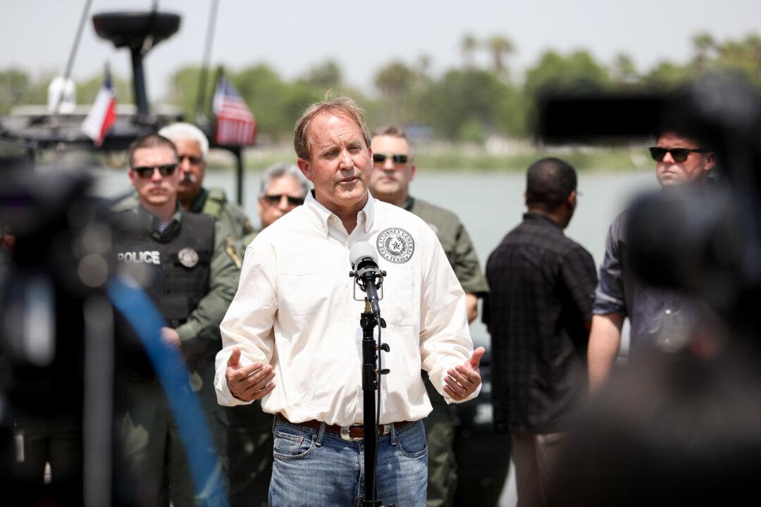 Texas Attorney General Ken Paxton at a news conference in Anzalduas Park near McAllen, Texas, on April 28, 2021. (Charlotte Cuthbertson/The Epoch Times)