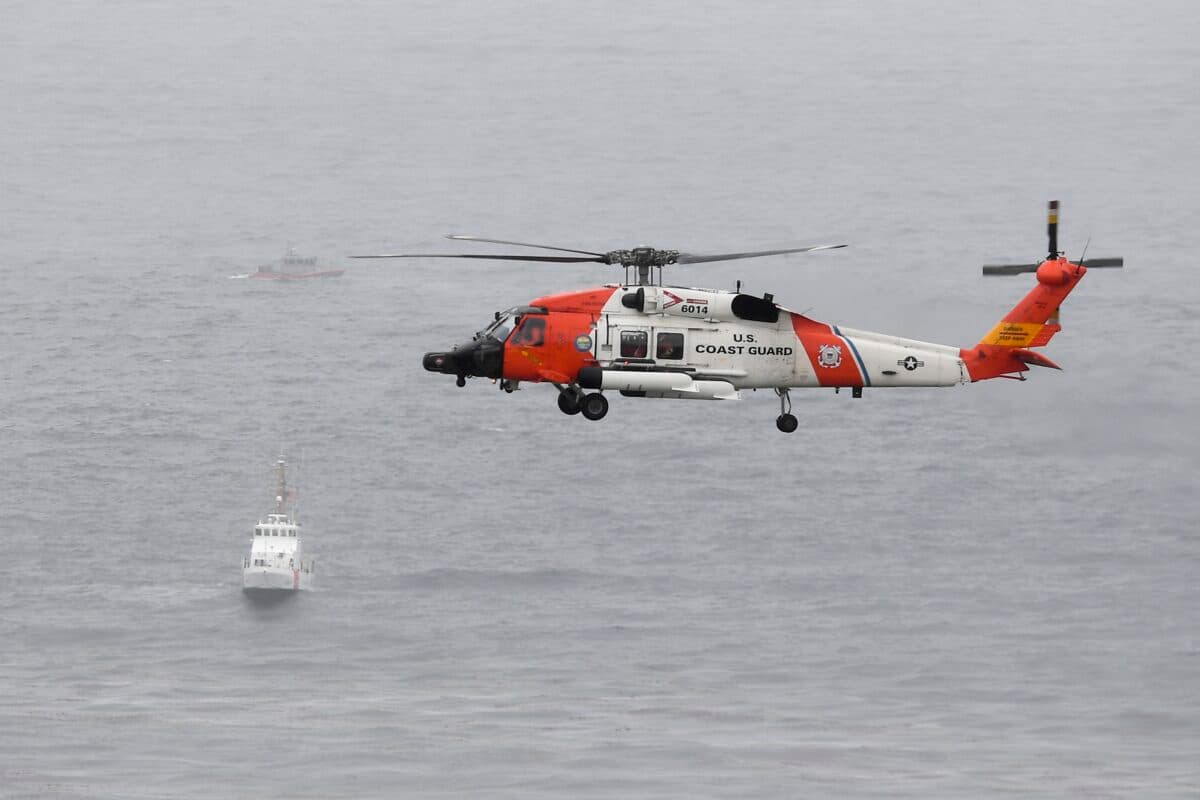 A U.S. Coast Guard helicopter off the San Diego coast on May 2, 2021, in this file photo. (Denis Poroy/AP Photo)