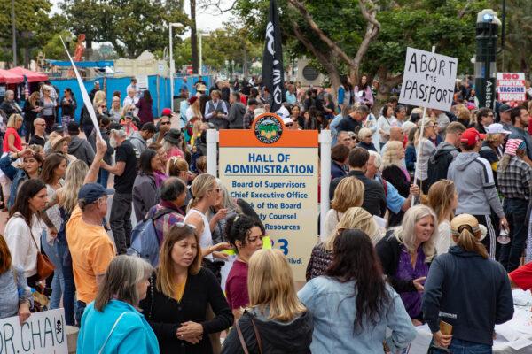 People gather to protest vaccine passports at the Orange County Civic Center in Santa Ana, Calif., on May 11, 2021. (John Fredricks/The Epoch Times)