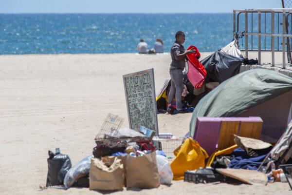 A homeless individual in Venice Beach, Calif., on June 8, 2021. (John Fredricks/The Epoch Times)