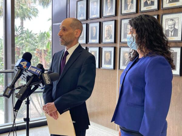 Ken Morrison, attorney for Aminadab Gaxiola Gonzalez, speaks to reporters outside an Orange County, Calif. courtroom on July 8, 2021. (Drew Van Voorhis/The Epoch Times)