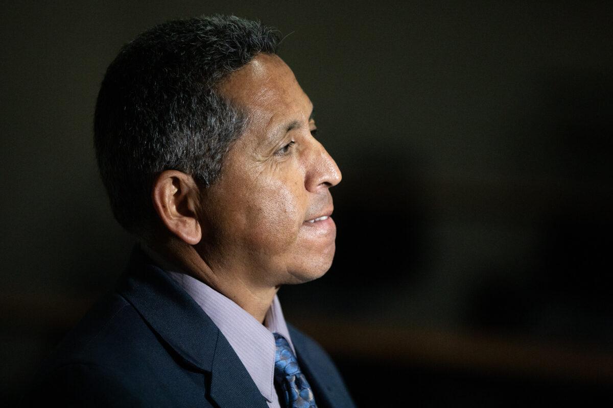 Anaheim Police Sgt. Juan Reveles who supervises the department's human trafficking task force speaks to media at the Anaheim Police Station in Anaheim, Calif., on April 6, 2021. (John Fredricks/The Epoch Times)