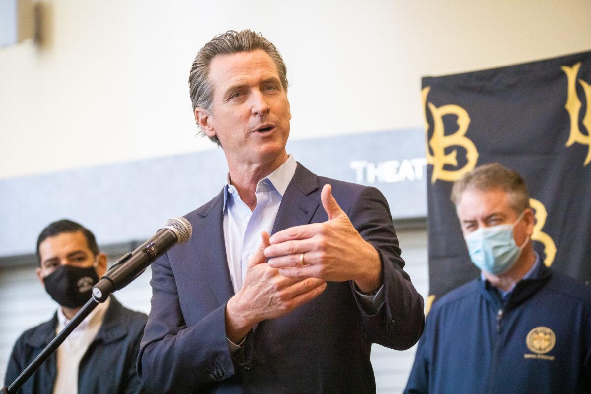 California Gov. Gavin Newsom speaks at California State University Long Beach, in Long Beach, Calif., on March 3, 2021. (John Fredricks/The Epoch Times)