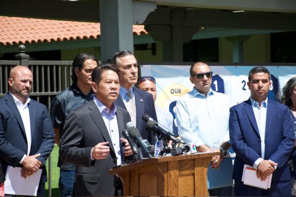 David Miyashiro, superintendent of the Cajon Valley Unified School District, speaking at a press conference in El Cajon, Calif., on Sept. 2, 2021. (Jane Yang/The Epoch Times)