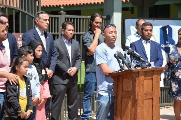 Mr. Juma speaks at a press conference in the Cajon Valley Unified School District in El Cajon, Calif., on Sept. 2, 2021. (Jane Yang/The Epoch Times)