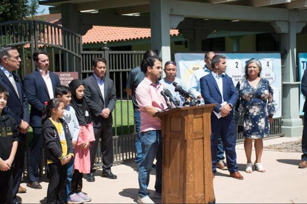 Mohammad Faizi speaks at a press conference in the Cajon Valley Unified School District in El Cajon, Calif., on Sept. 2, 2021. (Jane Yang/The Epoch Times)